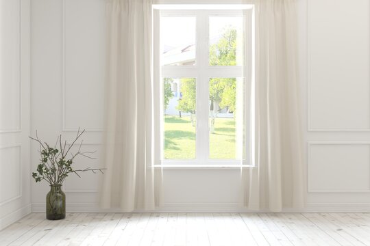 White empty room with summer landscape in window. Scandinavian interior design. 3D illustration