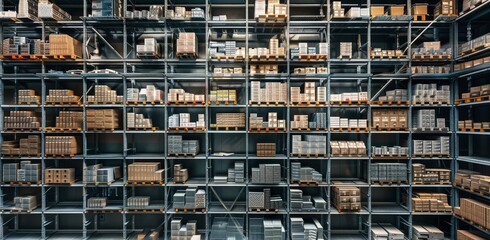 An illustrative depiction of warehouse shelves filled with boxes and packages, showcasing the storage of various goods in a distribution center