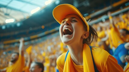A happy fan in a yellow shirt is celebrating with a gesture, smiling and screaming in the air, enjoying the fun event surrounded by a lively crowd. AIG41
