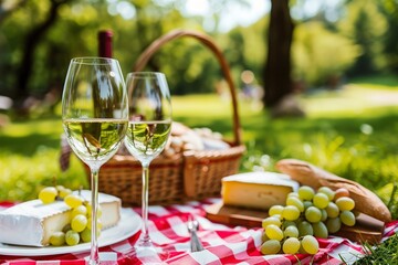 Naklejka na ściany i meble Two glasses of white wine, cheese and grapes on a picnic in the park. AI.