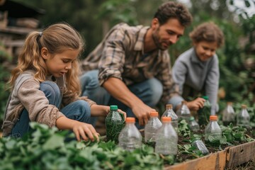 A family engages in sustainable gardening, using recycled plastic bottles to protect young plants, teaching valuable lessons on environmental care - obrazy, fototapety, plakaty