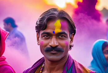 Portrait of a happy Indian man in national clothes in a cloud of multi-colored powder during the Holi festival, Indian holidays,