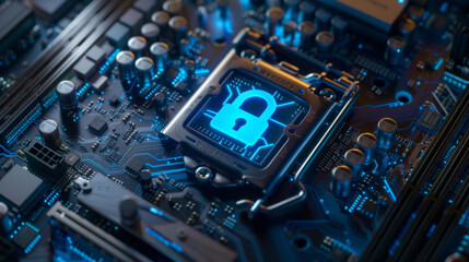 Fototapeta premium A close-up of a motherboard featuring a security chip with a lock symbol, surrounded by circuits and electronic components illuminated with a blue glow.