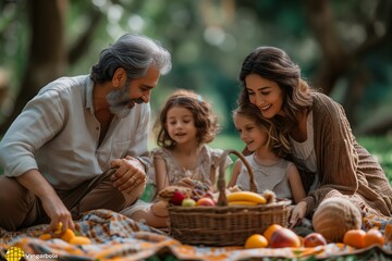 Grandfather with family enjoying a picnic, surrounded by nature, sharing stories and laughter with a basket full of fruits on a sunny day