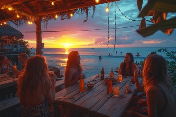 Friends enjoy a picturesque sunset by the sea, with drinks and laughter at a rustic beach bar, as surfers catch the last waves of the day