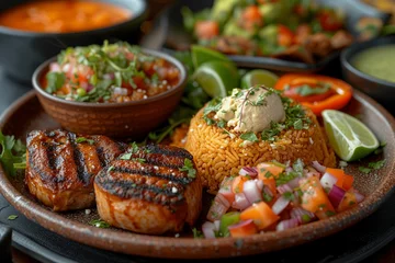 Fototapeten Sizzling grilled salmon on a bed of seasoned rice, accompanied by vibrant pico de gallo and creamy guacamole in a traditional Mexican plating © Nikolay
