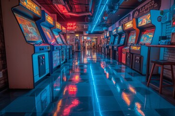 Retro Arcade Hall with Neon Lights and Holographic Reflections on Glossy Floor - obrazy, fototapety, plakaty