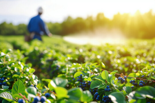 Farmer spraying herbicides on a blueberry crop on a farm in the morning light.
