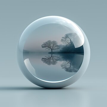 esfera blanca con paisaje en su interior, ventana al mundo, excursi&oacute;n, prospecto de viaje, visualizaci&oacute;n de un lago con arboles, cielo, neblina, ojo conceptual, recurso gr&aacute;fico imaginaci&oacute;n, fondo gris