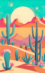 Vector illustration, Beautiful Mexican cactus on a desert background, agave bush,