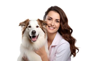 Portrait of beautiful Veterinarian women hugging cute dog with smile and hppiness isolated on background, lovely moment of pet and owner.