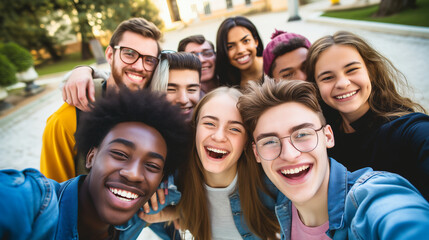 Group of smiling young people taking selfie with mobile phone on the street
