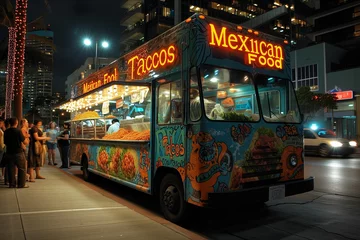 Foto op Canvas Vibrant Food Truck Serving Mexican Cuisine at Night in Urban Setting © Nikolay