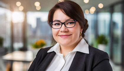 Portrait of an over weight smiling business woman with glasses in an office