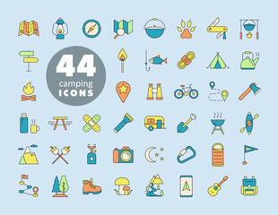 Camping, Hiking and Outdoor Activities icons set