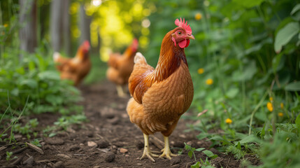 Brown chickens in a free range farm, milling around looking for natural food.