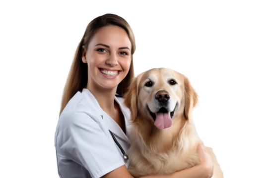 Portrait of beautiful Veterinarian women hugging cute dog with smile and hppiness isolated on background, lovely moment of pet and owner.