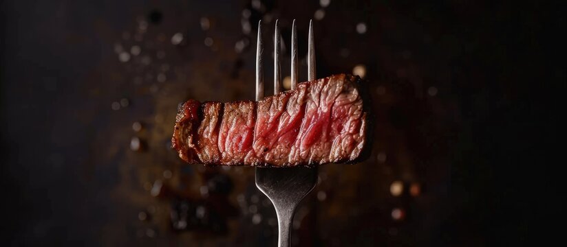 Close up tasty beef steak and fork on dark background. AI generated image
