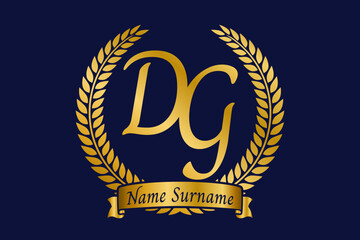 Initial letter D and G, DG monogram logo design with laurel wreath. Luxury golden calligraphy font.