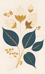 Vector illustration, elegant vintage Japanese leaves with patterns. Pattern of floral gold elements in vintage style for design, floral background and wallpaper,