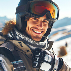 Smiling snowboarder in protective gear ready to descend mountain. generative AI