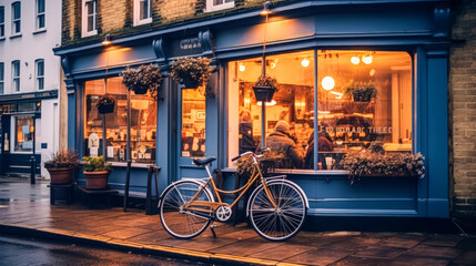 At the entrance to a quaint cafe in Amsterdam, a bicycle rests, embodying the city's iconic charm and leisurely lifestyle amidst its vibrant streetscape. - Powered by Adobe
