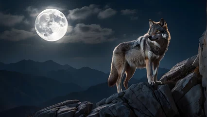 Wandcirkels aluminium wolf howling at the moon © Max