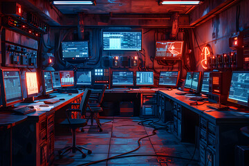 An underground bunker with servers defended by cybersecurity specialists. - obrazy, fototapety, plakaty