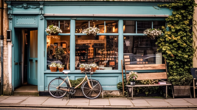 At the entrance to a quaint cafe in Amsterdam, a bicycle rests, embodying the city's iconic charm and leisurely lifestyle amidst its vibrant streetscape.