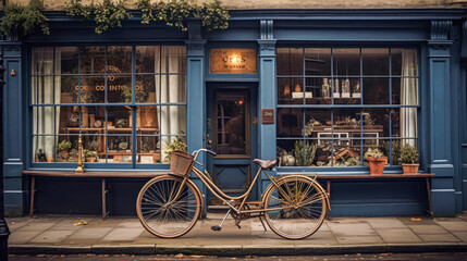 Naklejka premium At the entrance to a quaint cafe in Amsterdam, a bicycle rests, embodying the city's iconic charm and leisurely lifestyle amidst its vibrant streetscape.