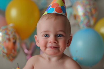 Obraz premium Baby child with balloons and a party hat