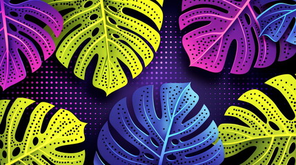 Neon-colored tropical leaves on a dotted background, showcasing vibrant pop art style.