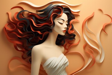 proud beautiful woman with long hair paper art