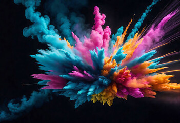 Fototapeta na wymiar explosion of colorful powder and smoke colliding with each other on a blank black background, celebrating the Indian festival Holi,
