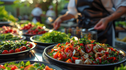 A chef prepares fresh salads at an outdoor catering event.