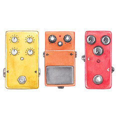 Set of guitar effects pedals. Watercolor hand drawn illustration of a sound effects pedal. Clipart on the theme of music, sound recording, rock, jazz, blues.