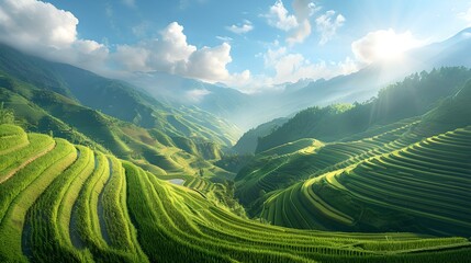 Breathtaking terraced hillside under a clear sky. a serene landscape ideal for travel and nature themes. perfect as a calming background or wall art. AI - obrazy, fototapety, plakaty