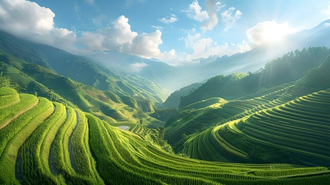 Breathtaking terraced hillside under a clear sky. a serene landscape ideal for travel and nature themes. perfect as a calming background or wall art. AI