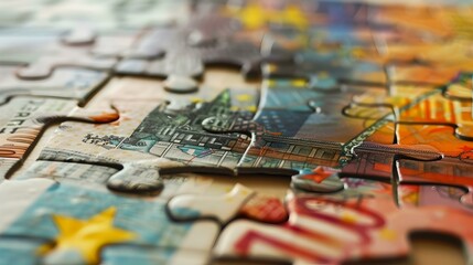 Close-up view of a colorful jigsaw puzzle partly assembled. puzzle pieces scattered and combining. fun family activity. vivid, concept of problem-solving. AI