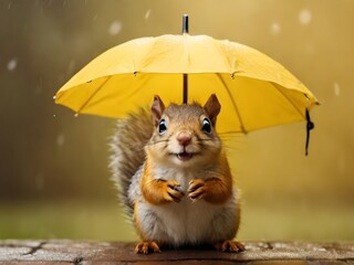 Portrait eines Eichhörnchens im Regen unter einem Regenschirm - obrazy, fototapety, plakaty