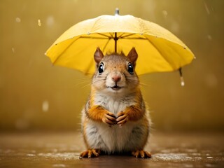 Portrait eines Eichhörnchens im Regen unter einem Regenschirm - obrazy, fototapety, plakaty