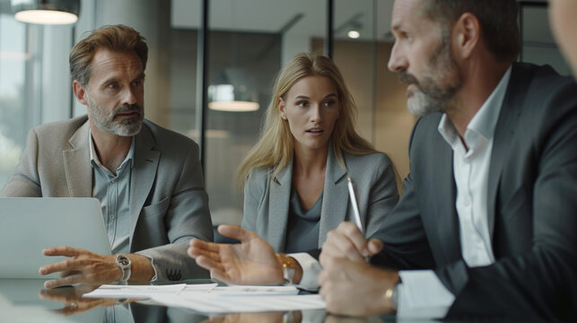 group of business professionals engaged in a serious discussion around a glass table in a modern office setting.