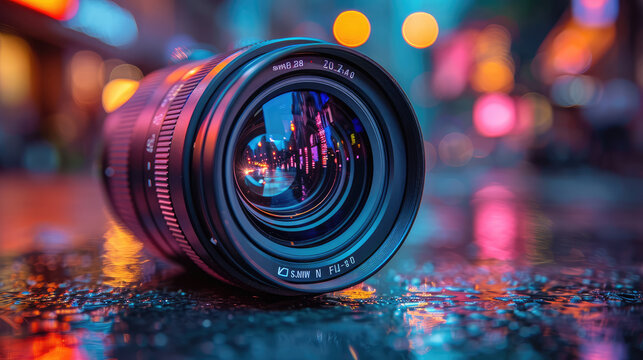 Fototapeta A camera lens captures the vibrant reflections of city lights on a wet surface at night.