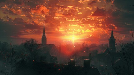 Serene Sunset Ash Wednesday Background with Church Steeples

