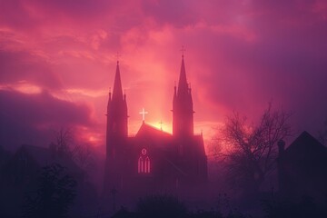 Serene Sunset Ash Wednesday Background with Church Steeples

