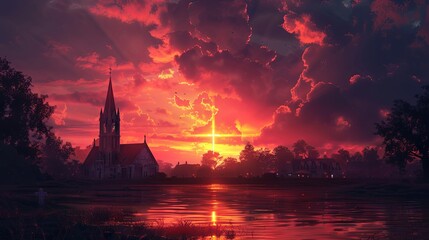 Serene Sunset Ash Wednesday Background with Church Steeples

