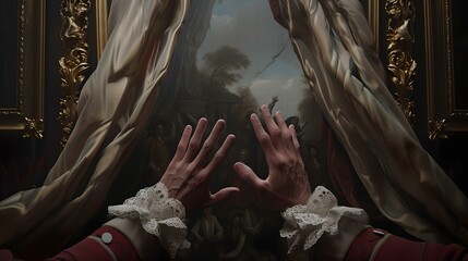 Elegant hands pressing against vintage window, with dramatic lighting. mysterious, gothic, and romantic style captured in a single image. AI
