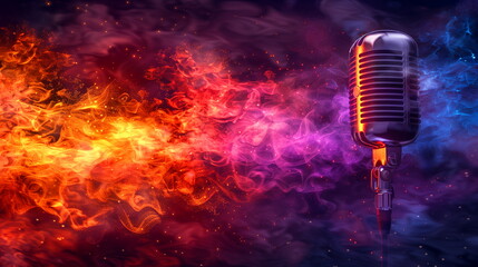 Retro microphone with a fiery and cool smoky background symbolizing hot and cool music vibes.
