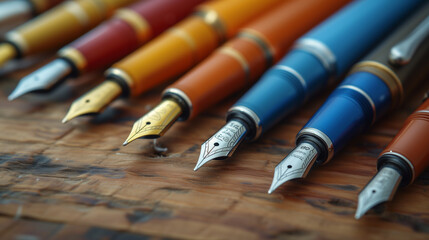 Closeup of various fountain pens with steel and gold nibs on display during a pen show.