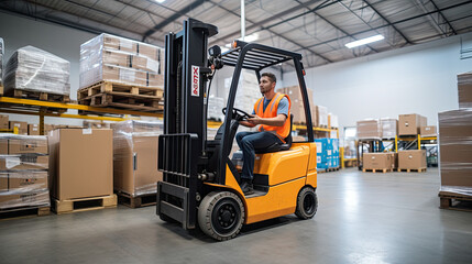 Man operating a forklift in a warehouse background